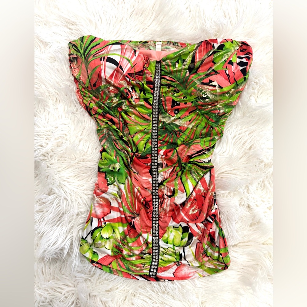 Strapless Tropical Print Ruched Women's Top in Coral & Green